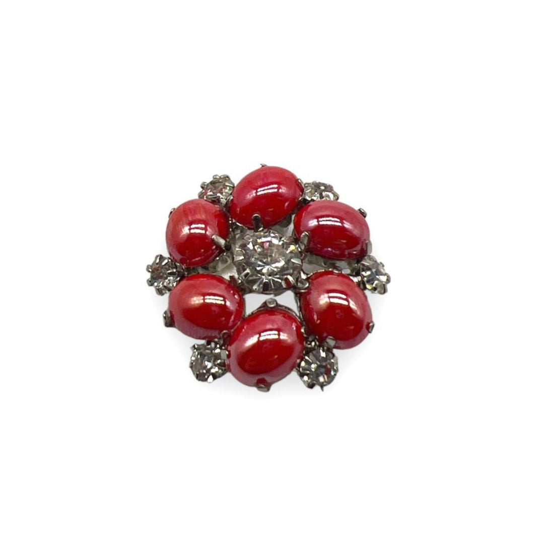 Button With Crystal Rhinestones And Coral-colored Stones 