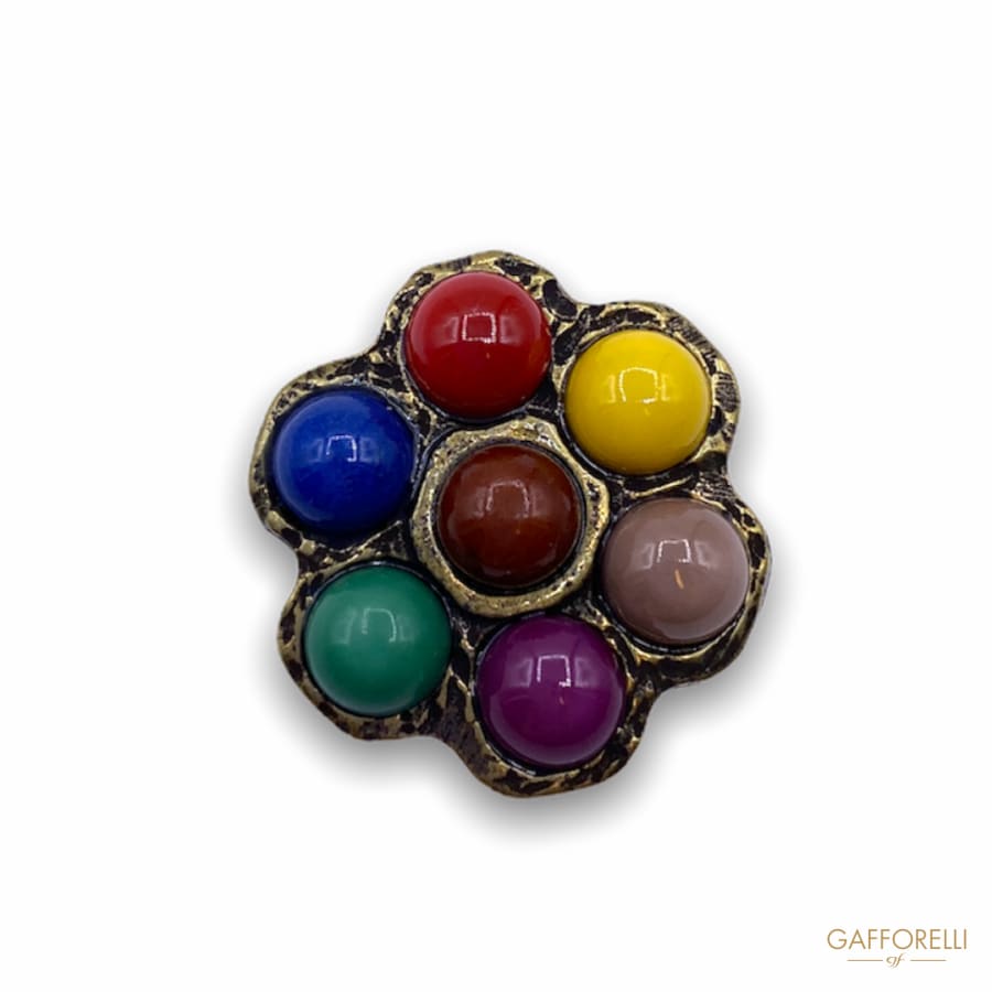 Ethnic Button in the Shape of a Flower with Colored Beads