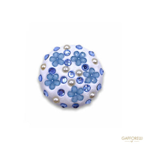 Polyester Button With Floral Set Pearls And Blue Rhinestones